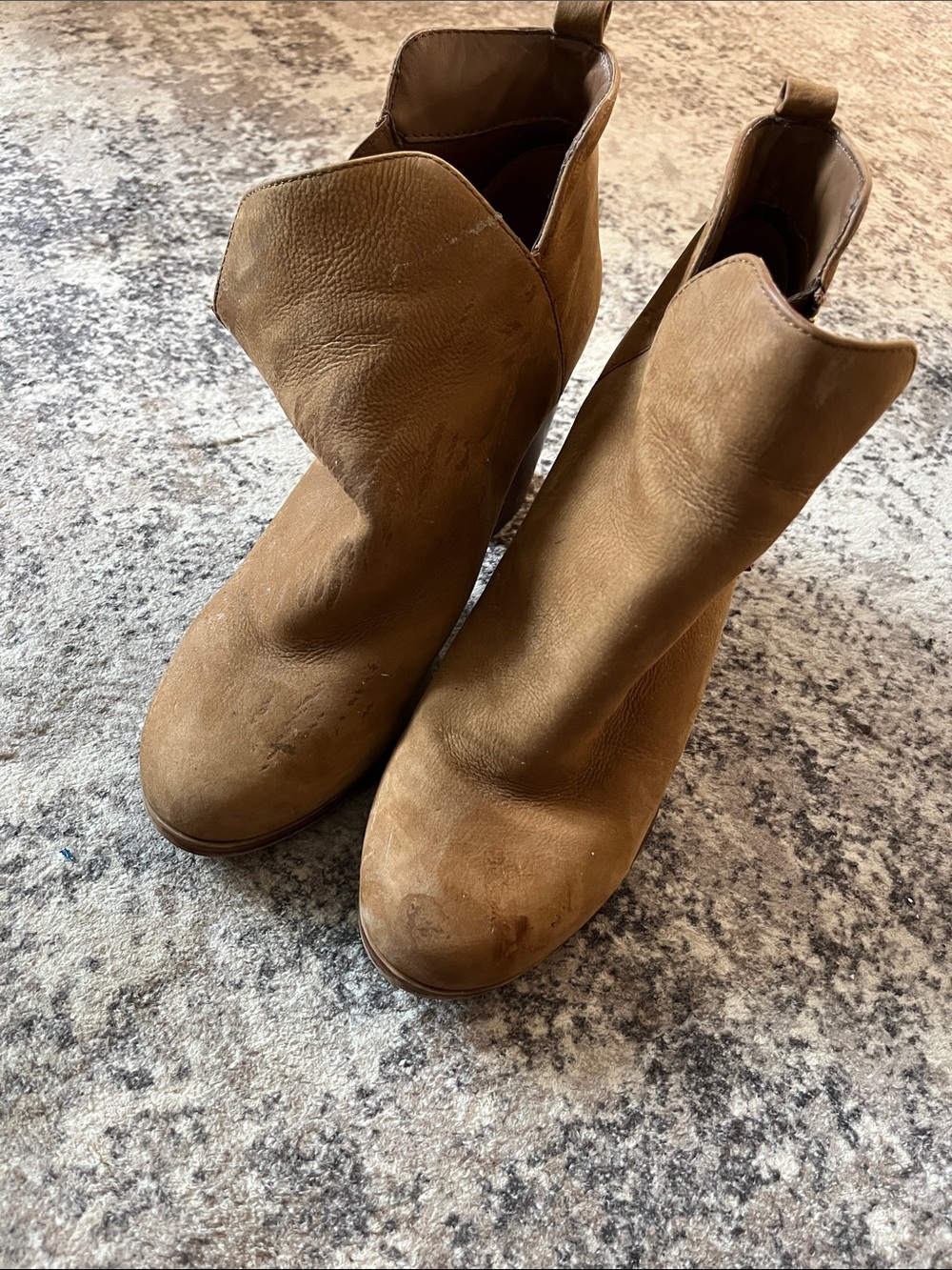 Women’s Tan Suede Ankle Booties with Folded V-Cut Collar